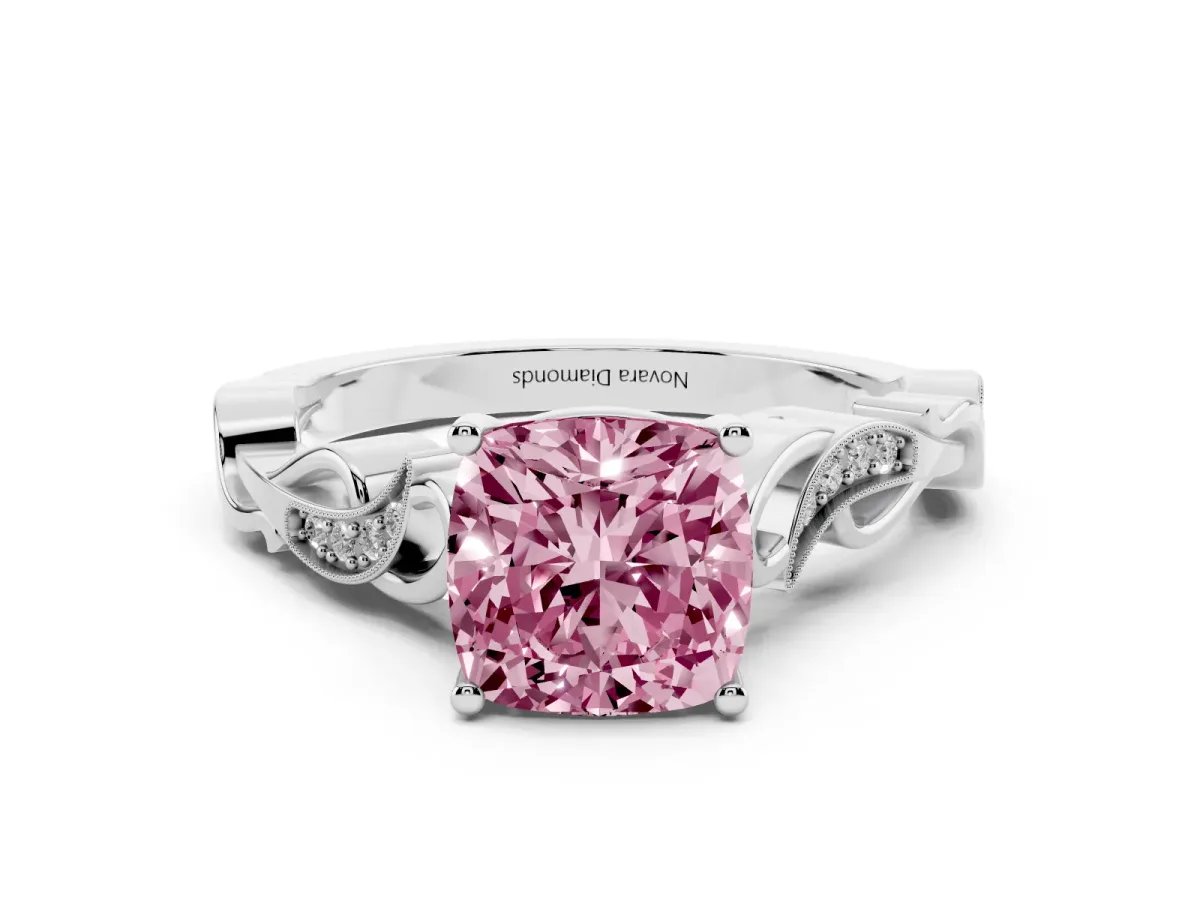 Fancy Pink Cushion Cut Diamond Vine Band Solitaire Ring Set in Silver with Milgrain Prong Setting