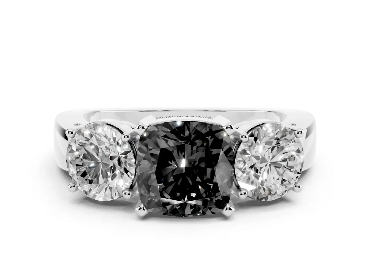 Fancy Black Cushion Cut Diamond Three-Stone Ring Set in White gold with Round Side Stones and Classic Band