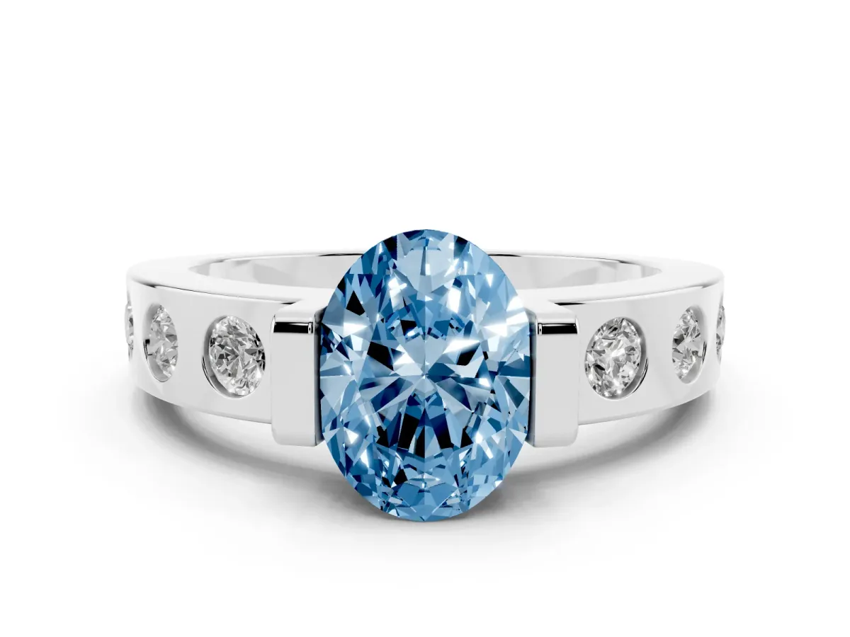 Fancy Blue Oval Cut Diamond Channel-Set Band Ring Set in Platinum with Bezel Prong Setting