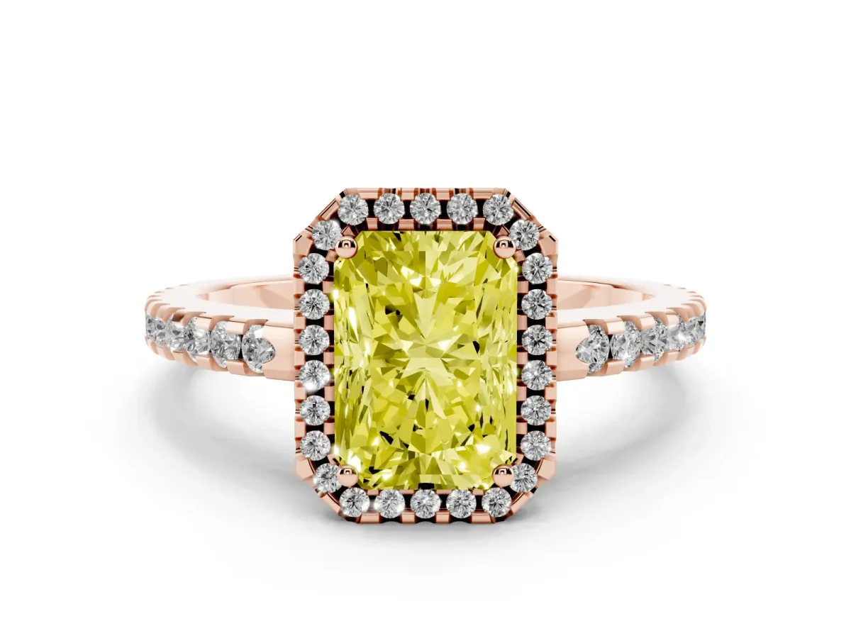Fancy Yellow Radiant Cut Diamond Halo Ring Set in Rose gold with Pavé Shoulders and Halo-Framed Center
