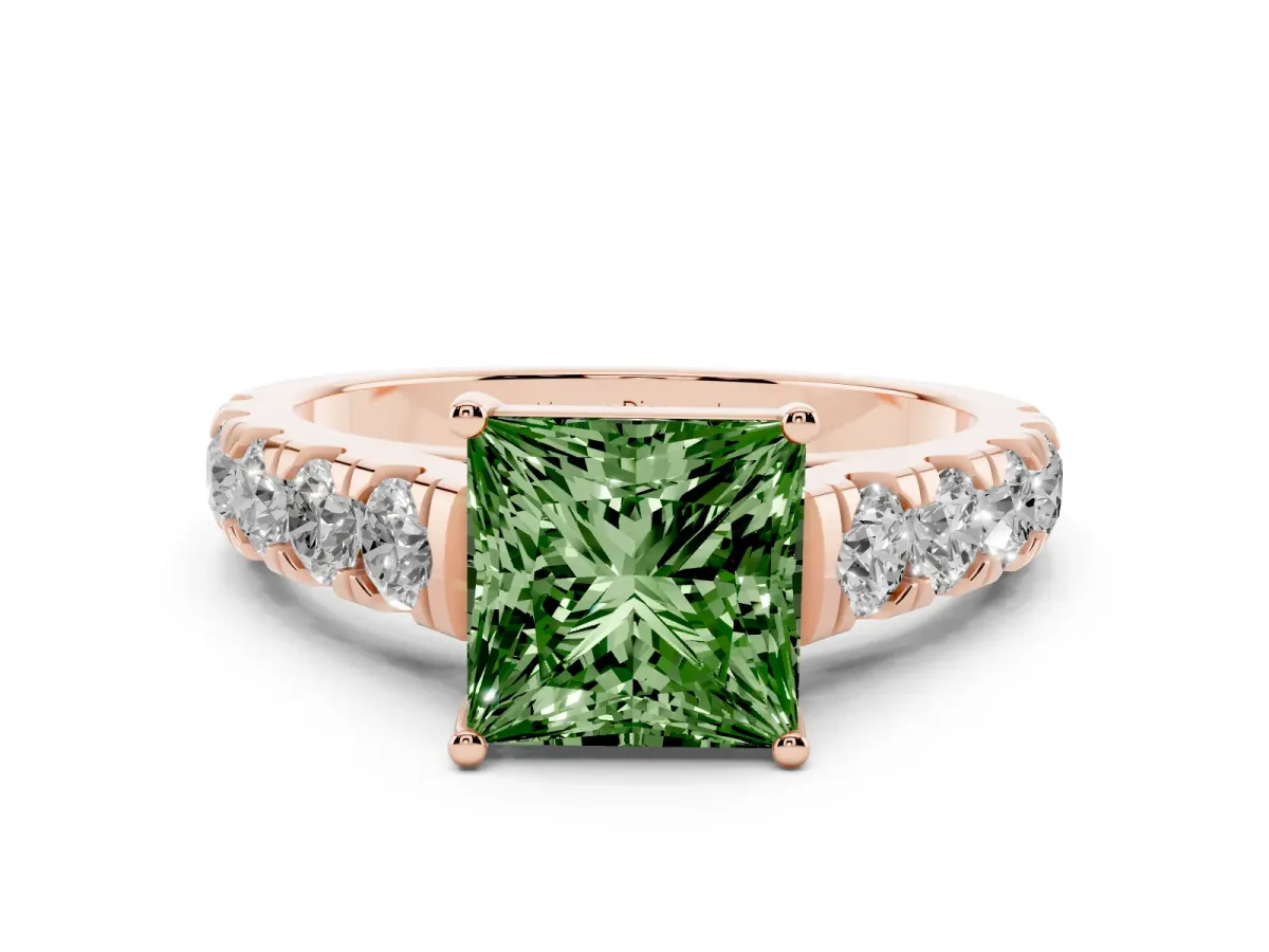 Fancy Green Princess Cut Diamond Solitaire Ring Set in Rose gold with Cut-Down Micro Pavé Band and Prong Setting