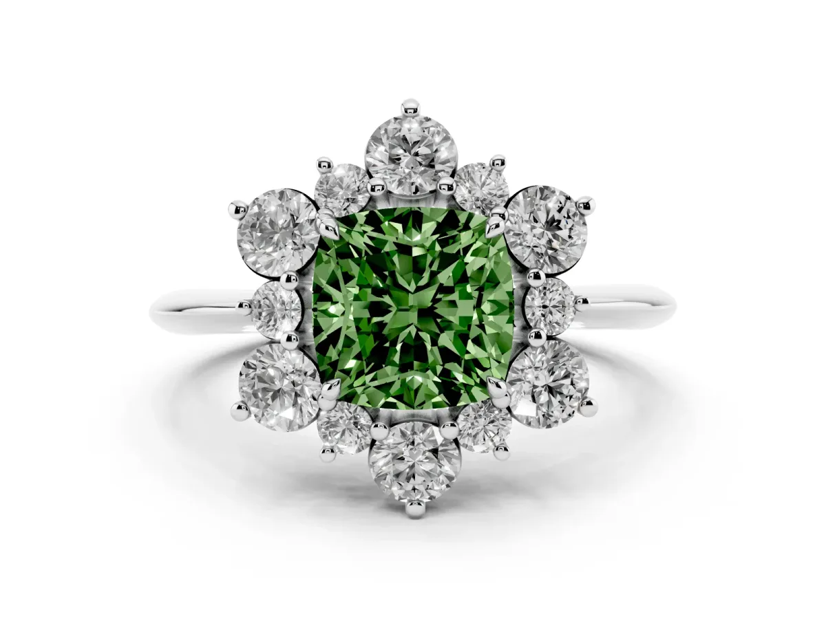 Fancy Green Cushion Cut Diamond Cluster Halo Ring Set in Silver with Solitaire Band and Prong Setting