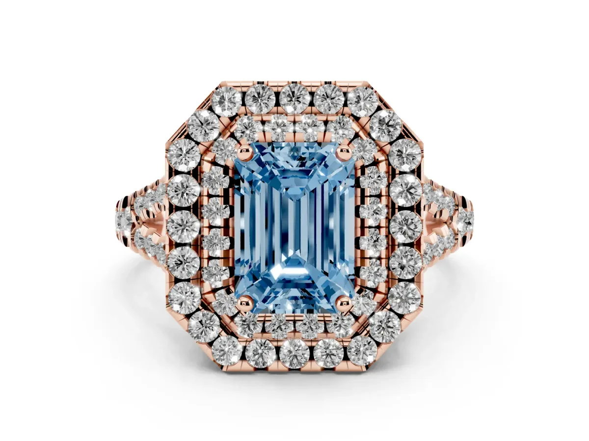 Fancy Blue Emerald Cut Diamond Double Halo Ring Set in Rose gold with Pavé Split Shank and Prong Setting