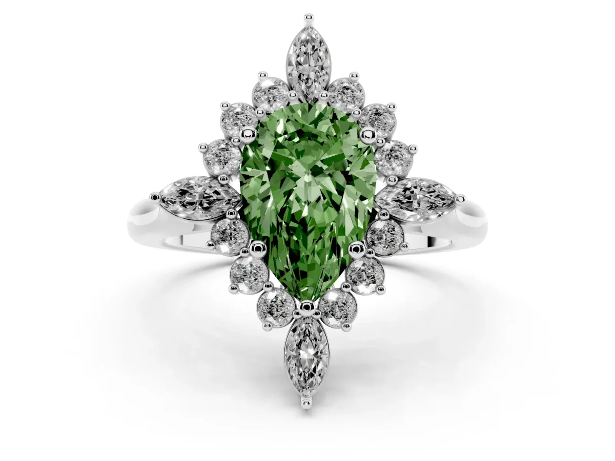 Fancy Green Pear Cut Diamond Cluster Halo Ring Set in White gold with Marquise and Round Accents