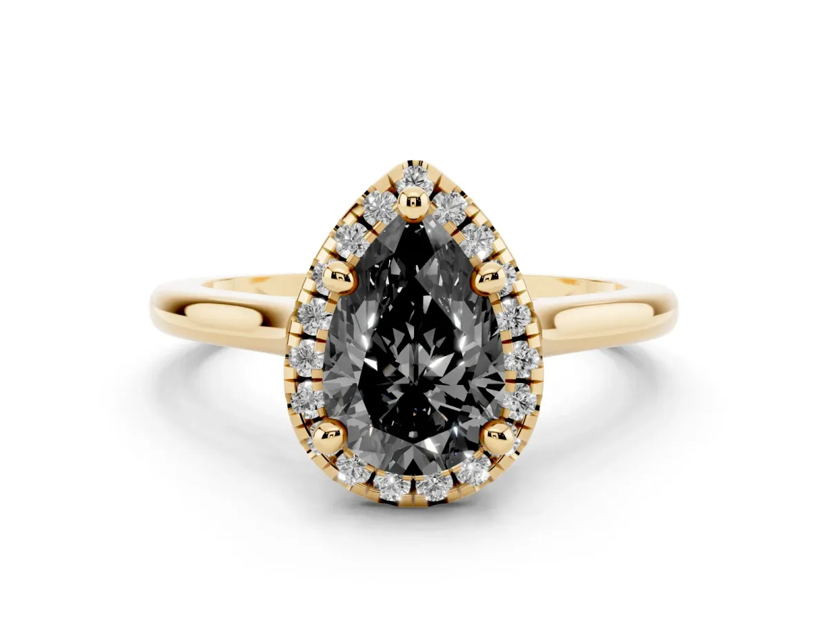 Fancy Black Pear Cut Diamond Halo Engagement Ring Set in Yellow gold with Pavé Band and Rising Shoulders