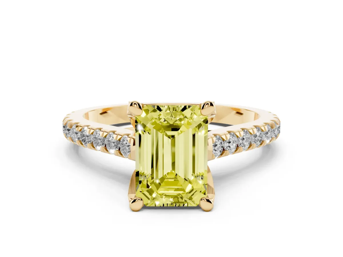 Fancy Yellow Emerald Cut Diamond Solitaire Ring Set in Yellow gold with Brilliant Pavé Band and Prong Setting
