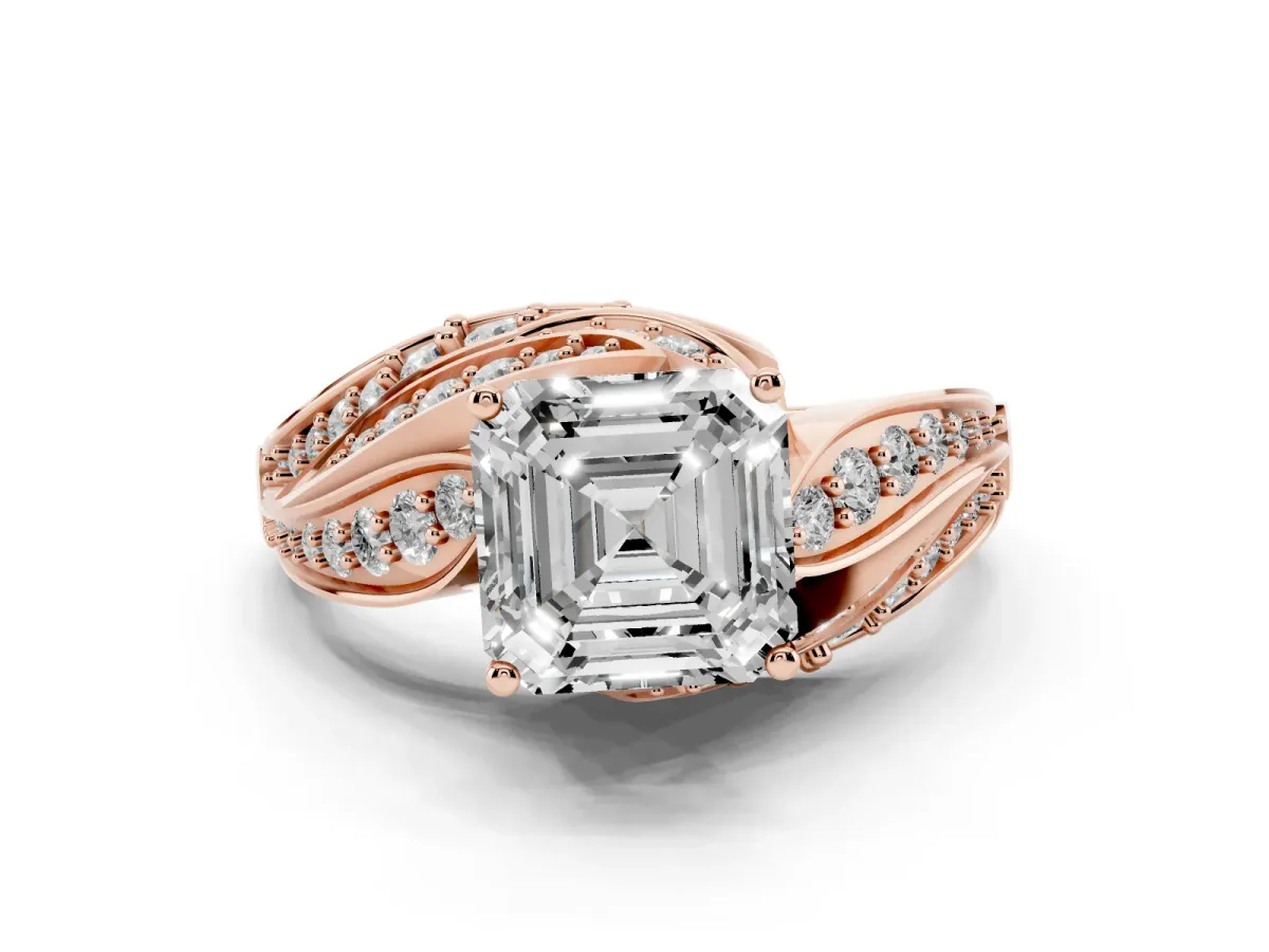 Asscher Cut Diamond Solitaire Ring Set in Rose gold with Layered Twist Pavé Band