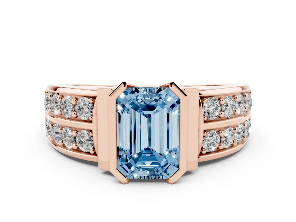Fancy Blue Emerald Cut Diamond Wide Channel Set Band Ring Set in Rose gold with Bezel Setting
