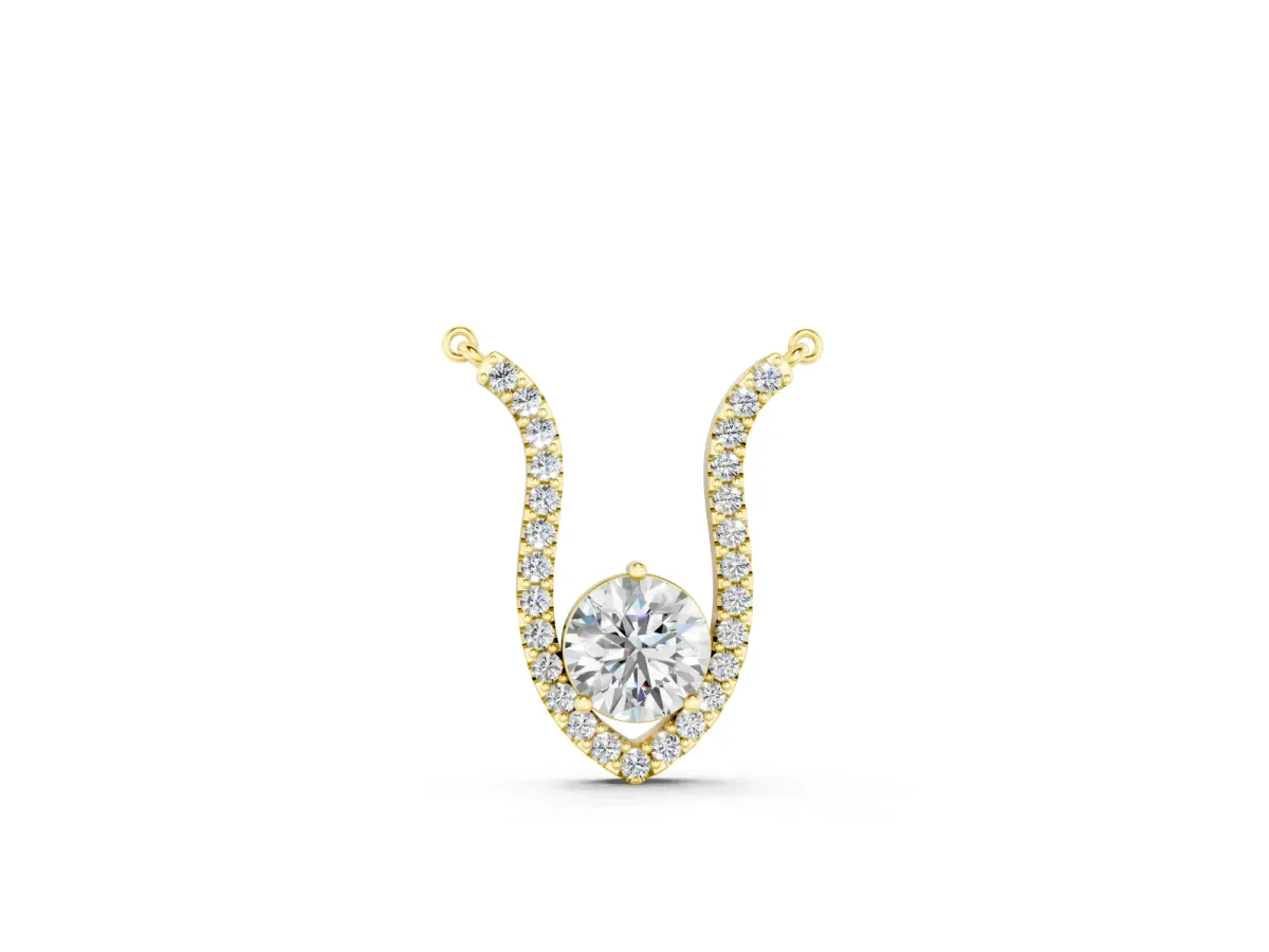 Round Brilliant Halo Pendant Set in Yellow gold with Prong-Set Center and Curved Frame