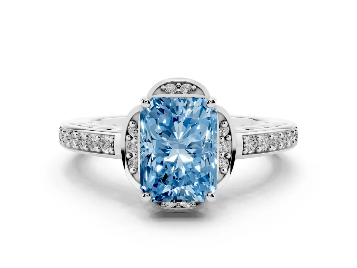 Fancy Blue Radiant Cut Diamond Halo Ring Set in Platinum with Channel Set Band and Prong Setting