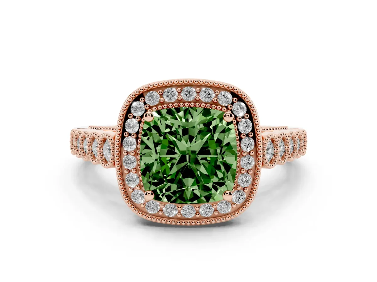 Fancy Green Cushion Cut Diamond Milgrain Halo Solitaire Ring Set in Rose gold with Bezel Set Side Stones and Pavé Band