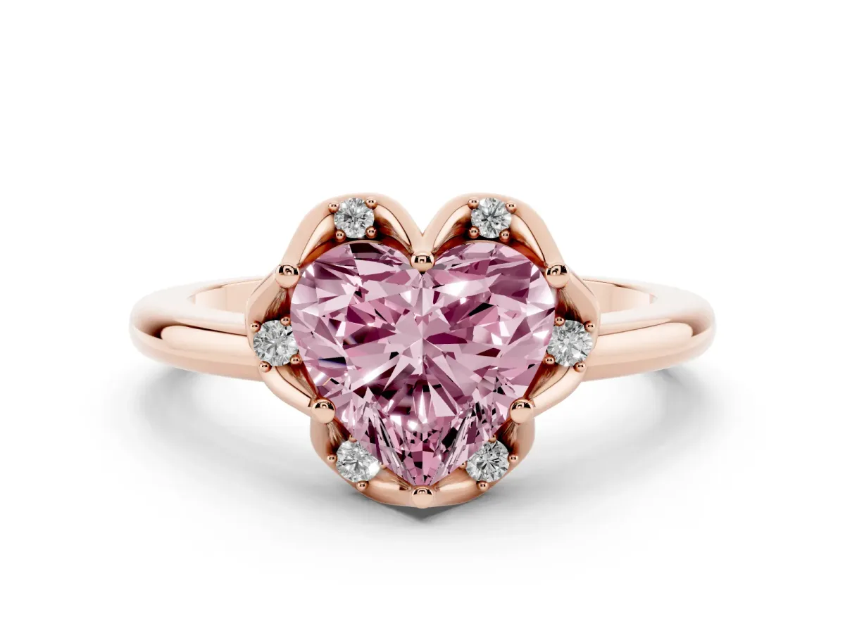 Fancy Pink Heart Cut Diamond Round Cluster Halo Ring Set in Rose gold with Solitaire Band and Prong Setting