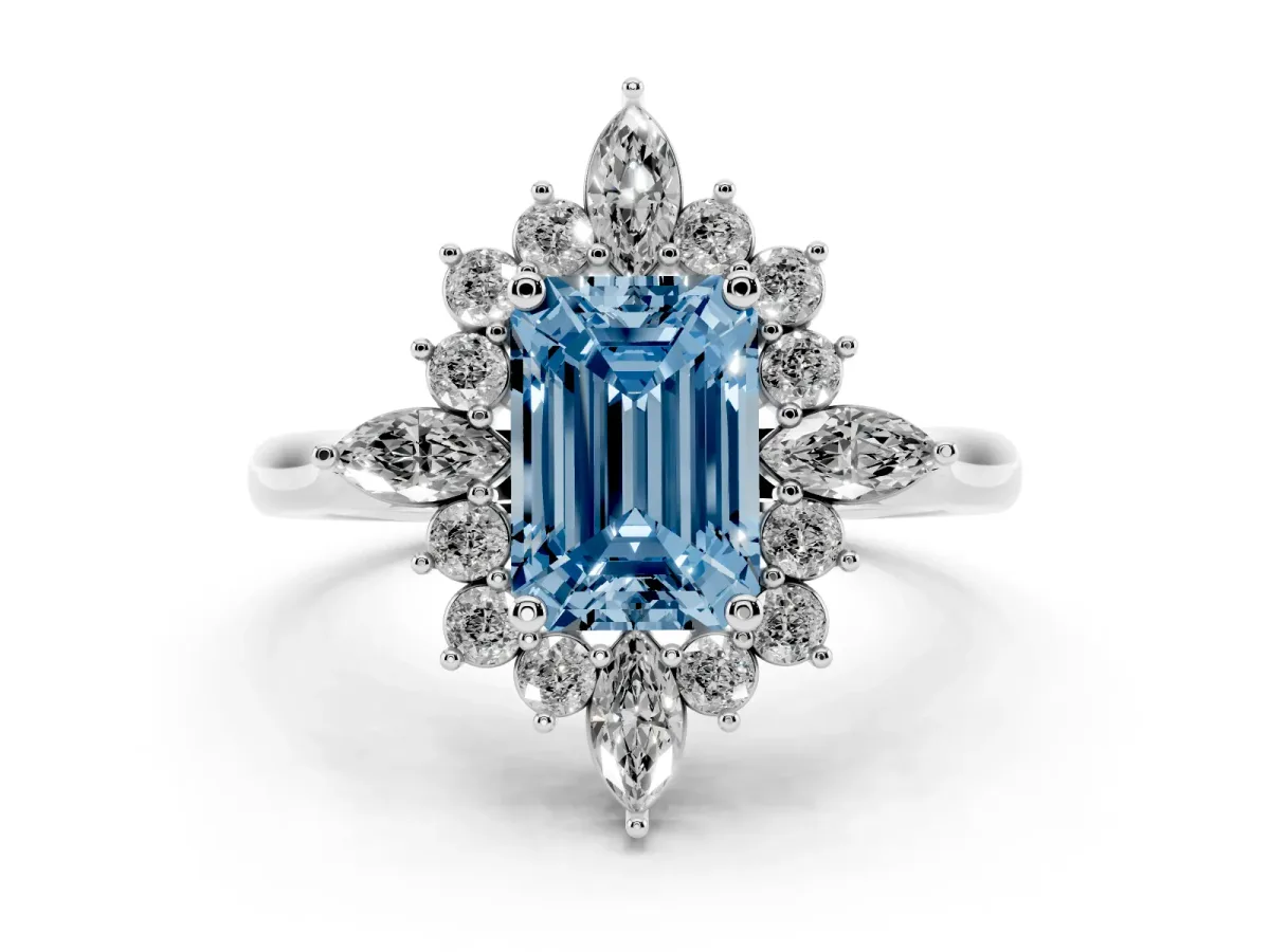 Fancy Blue Emerald Cut Diamond Cluster Halo Ring Set in Platinum with Marquise and Round Accents