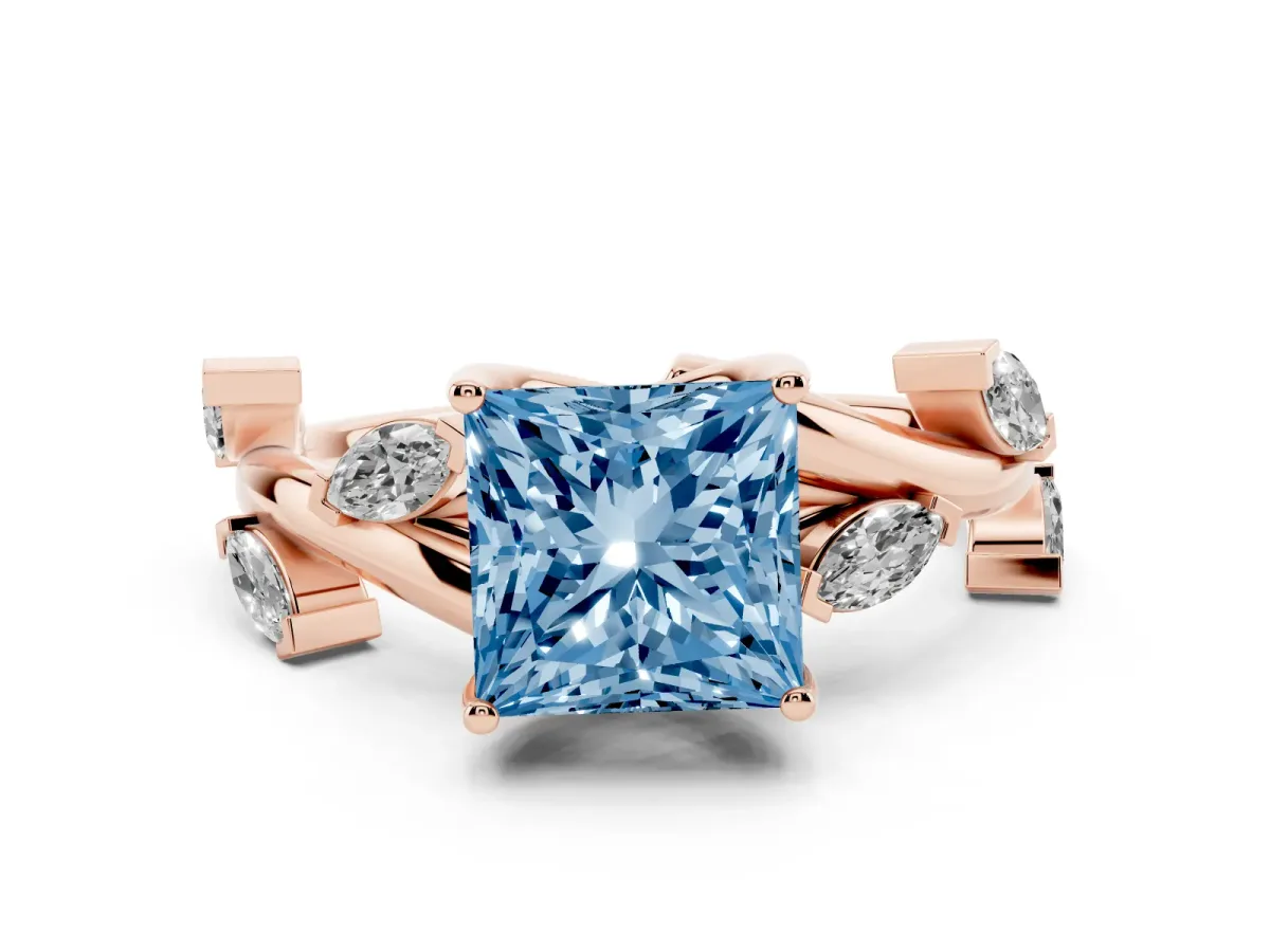 Fancy Blue Princess Cut Diamond Solitaire Ring Set in Rose gold with Twisted Marquise Accent Band