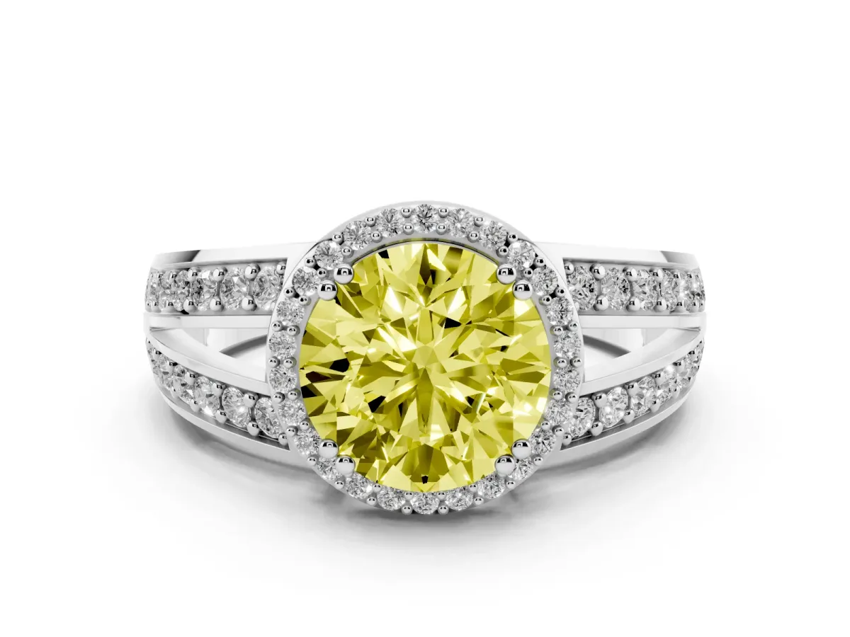 Fancy Yellow Round Cut Diamond Halo Ring Set in Platinum with Double Pavé Split Shank