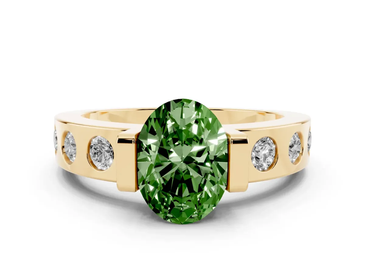 Fancy Green Oval Cut Diamond Channel-Set Band Ring Set in Yellow gold with Bezel Prong Setting