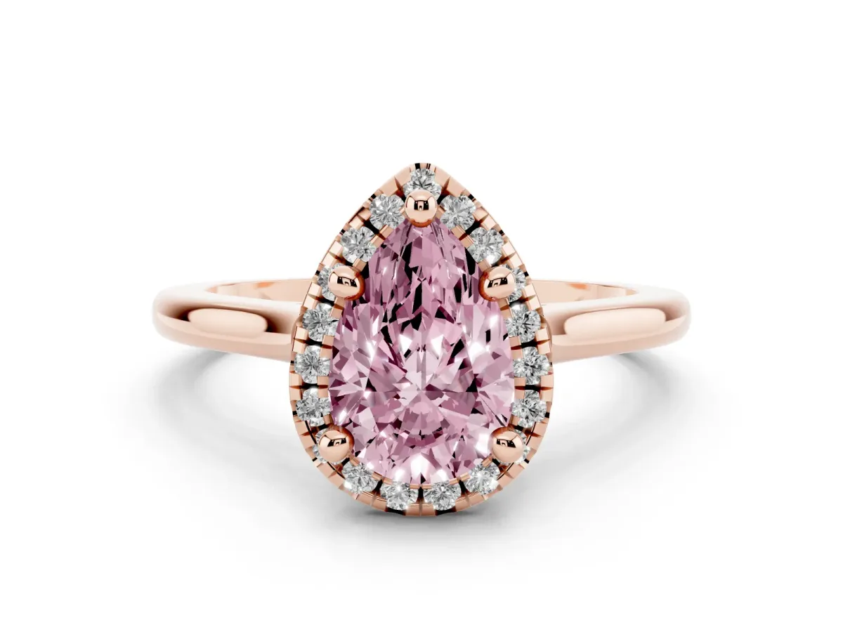 Fancy Pink Pear Cut Diamond Halo Engagement Ring Set in Rose gold with Pavé Band and Rising Shoulders