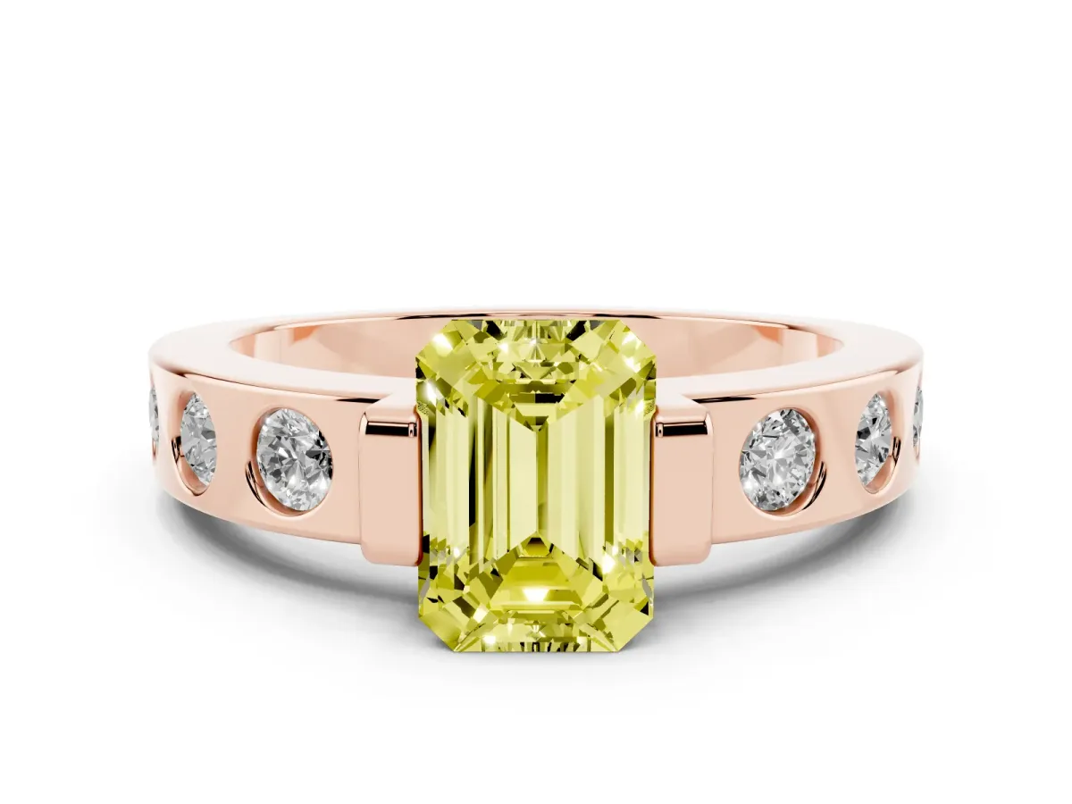 Fancy Yellow Emerald Cut Diamond Channel-Set Band Ring Set in Rose gold with Bezel Prong Setting