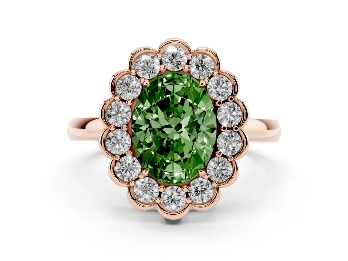 Fancy Green Oval Cut Diamond Halo Cluster Engagement Ring Set in Rose gold with Solitaire Band and Prong Setting