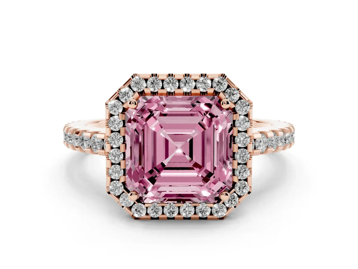 Fancy Pink Asscher Cut Diamond Halo Ring Set in Rose gold with Pavé Shoulders and Halo-Framed Center