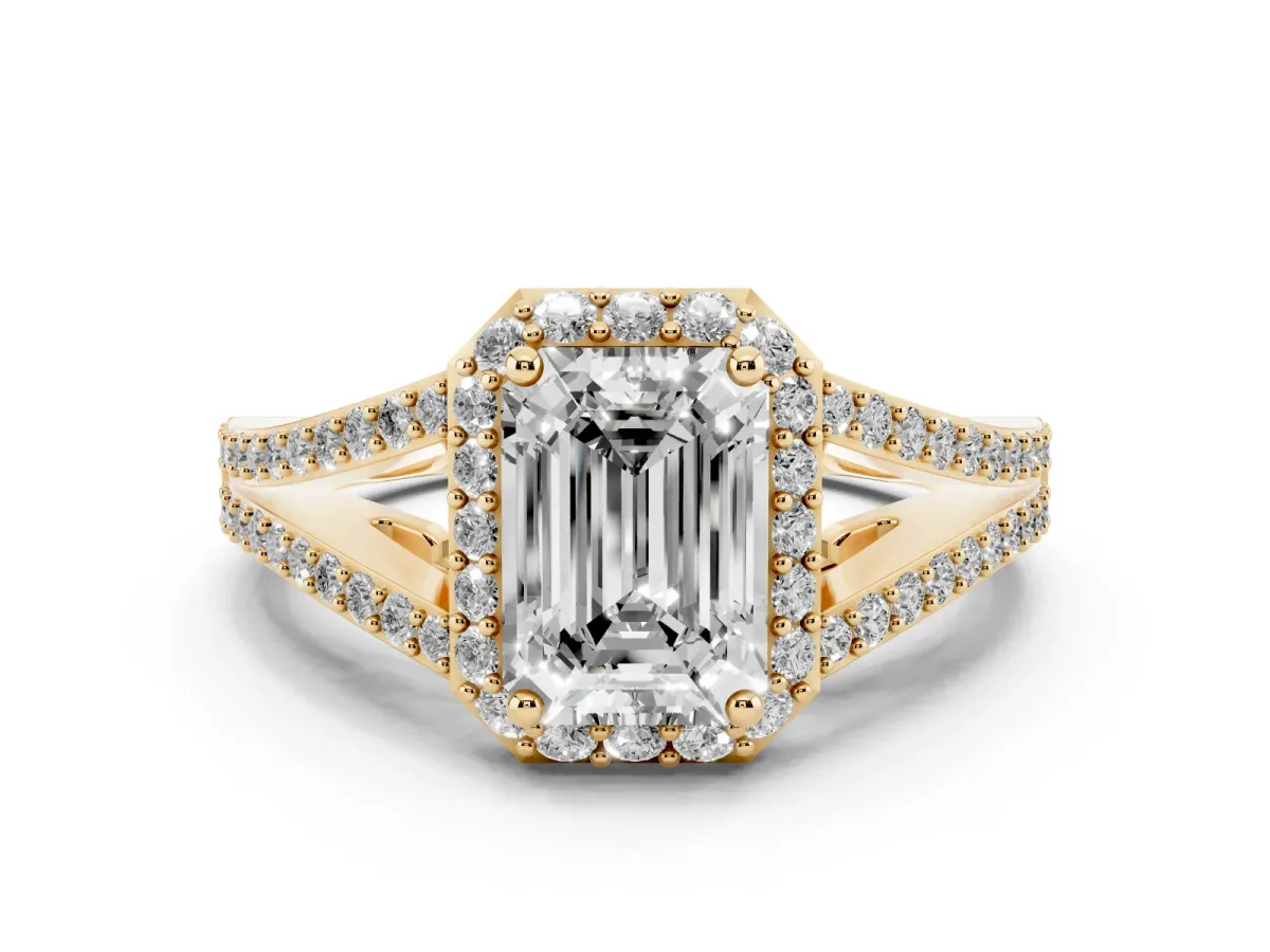 Emerald Cut Diamond Halo Split Shank Pavé Ring Set in Yellow gold with Prong Setting