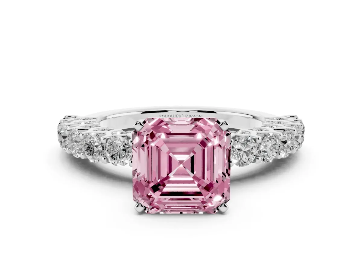 Fancy Pink Asscher Cut Diamond Solitaire Ring Set in Platinum with Shared Prong Pavé Band