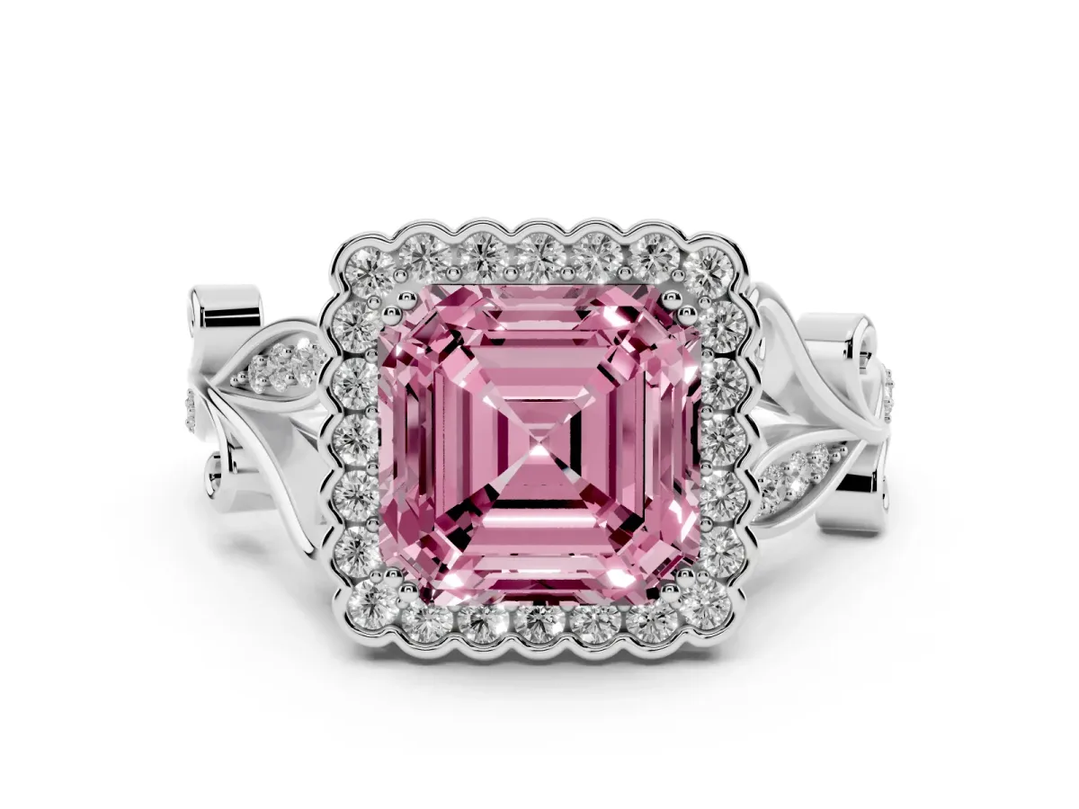 Fancy Pink Asscher Cut Diamond Halo Ring Set in White gold with Leaf Motif Split Shank and Prong Setting