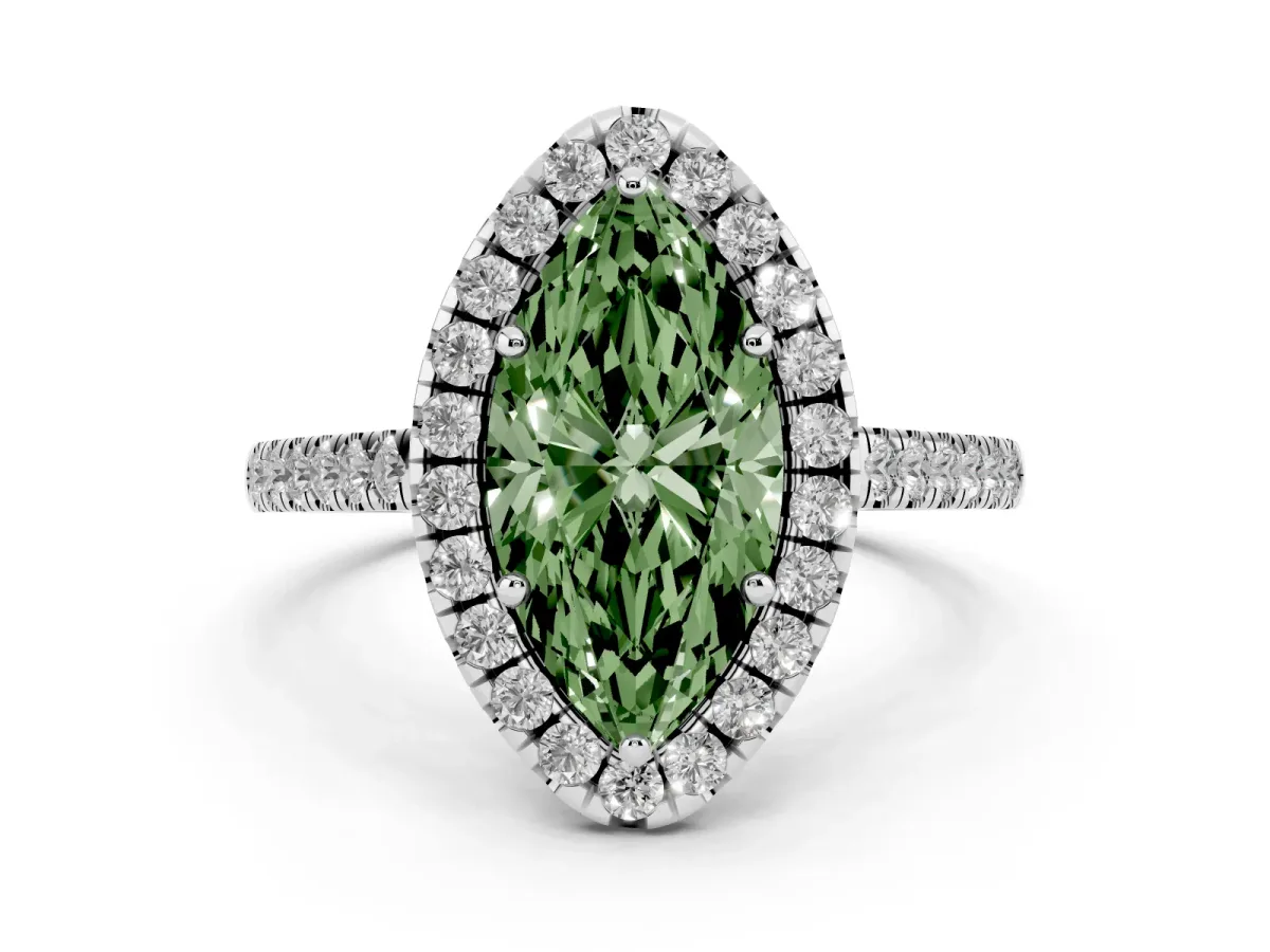 Fancy Green Marquise Cut Diamond Pavé Halo Engagement Ring Set in Silver with Pavé Band and Prong Setting