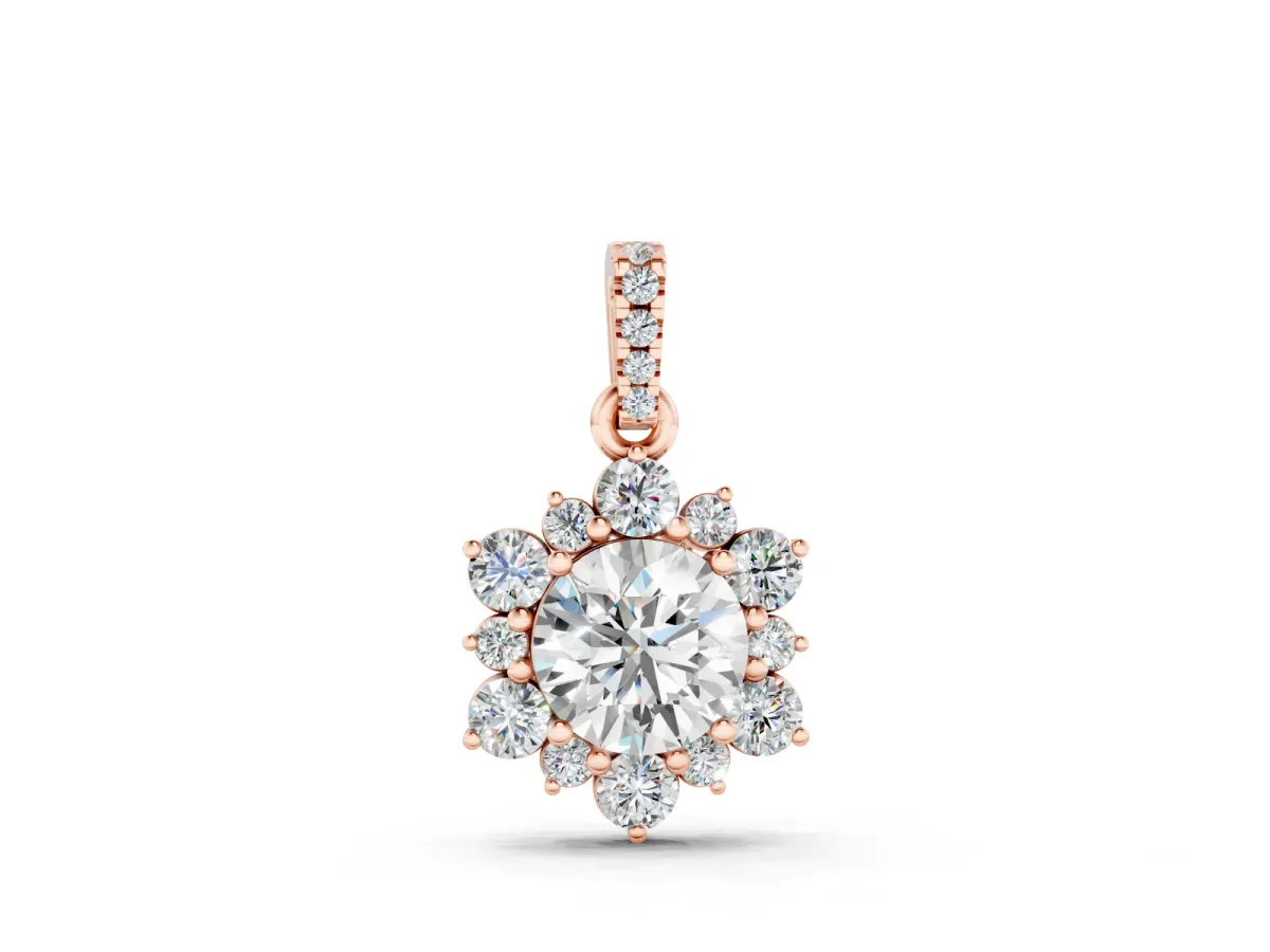 Round Brilliant Cluster Diamond Pendant Set in Rose gold with Floral Prong Setting