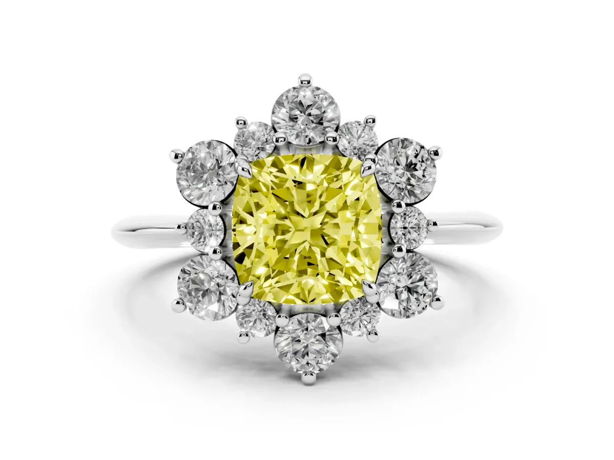 Fancy Yellow Cushion Cut Diamond Cluster Halo Ring Set in Platinum with Solitaire Band and Prong Setting