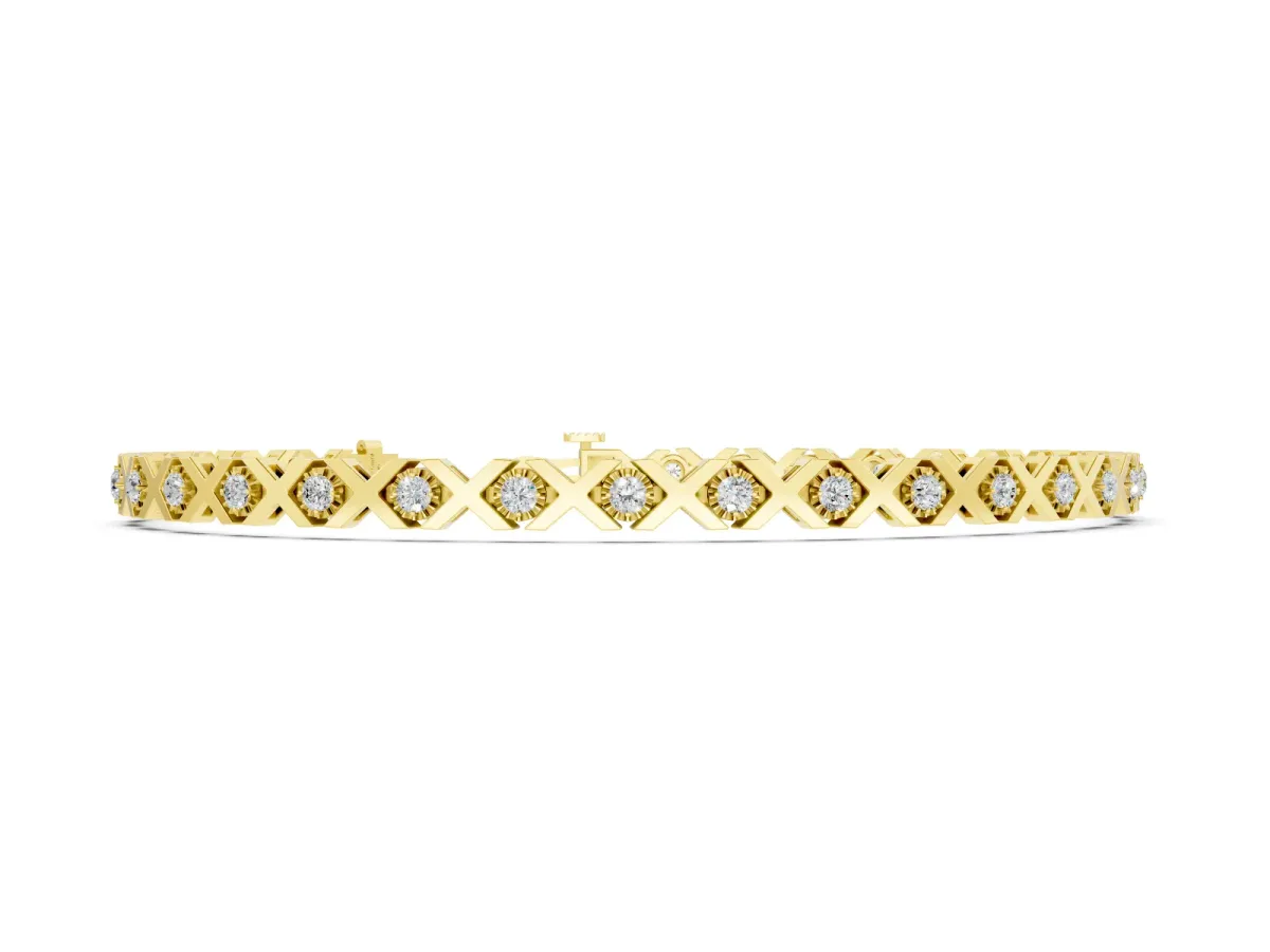 Round Diamond XO Tennis Bracelet Set in Yellow gold with Channel Setting and X Prongs