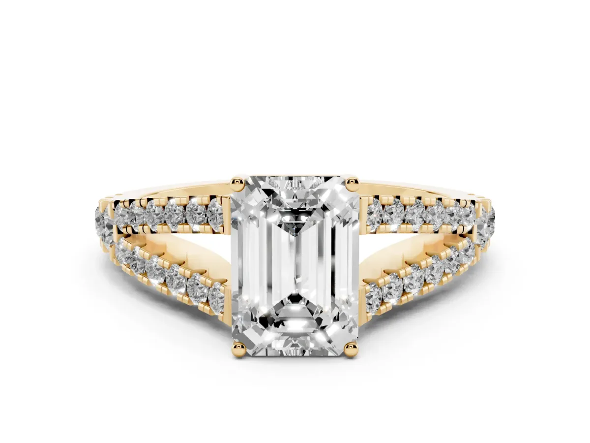Emerald Cut Diamond Split Shank Pavé Engagement Ring Set in Yellow gold with Prong-Held Center Stone