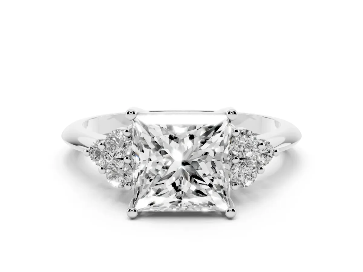 Princess Cut Diamond Cluster Ring Set in Platinum with Plain Band and Prong Setting