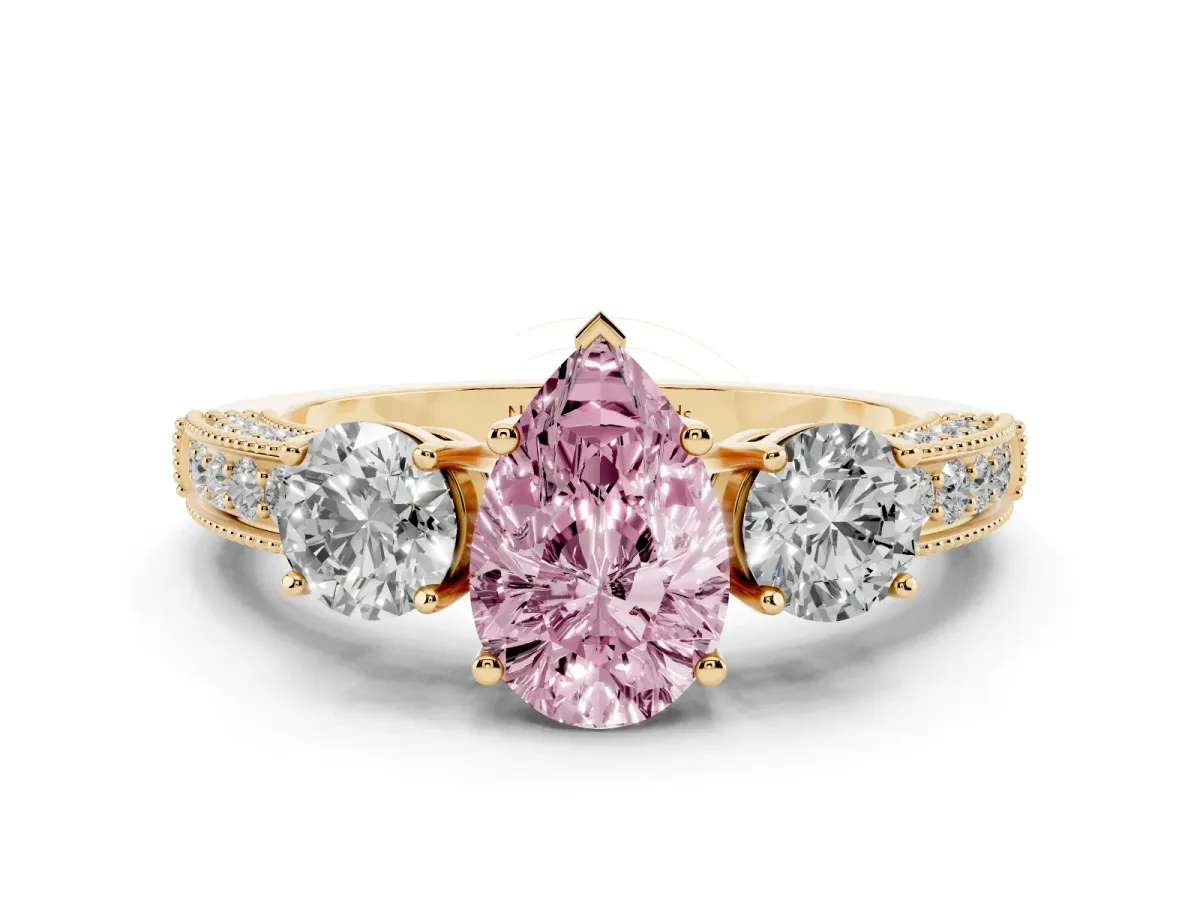 Fancy Pink Pear Cut Diamond Three-Stone Ring Set in Yellow gold with Round Side Stones and Pavé Band