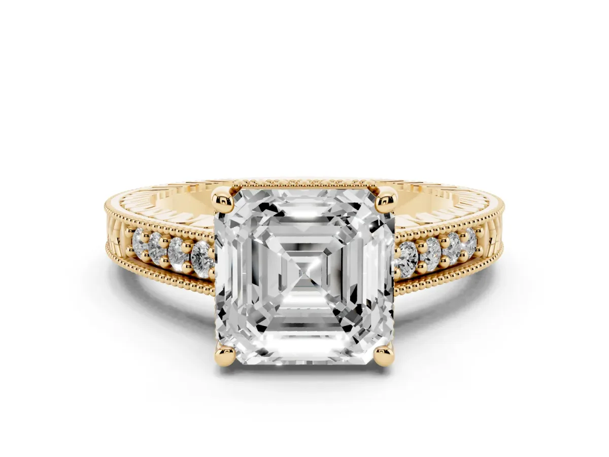 Asscher Cut Diamond Solitaire Pavé Milgrain Engagement Ring Set in Yellow gold with Prong Setting