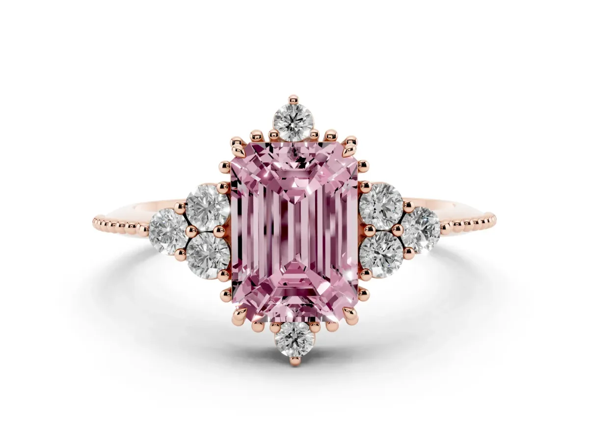 Fancy Pink Emerald Cut Diamond Cluster Ring Set in Rose gold with Beaded Band