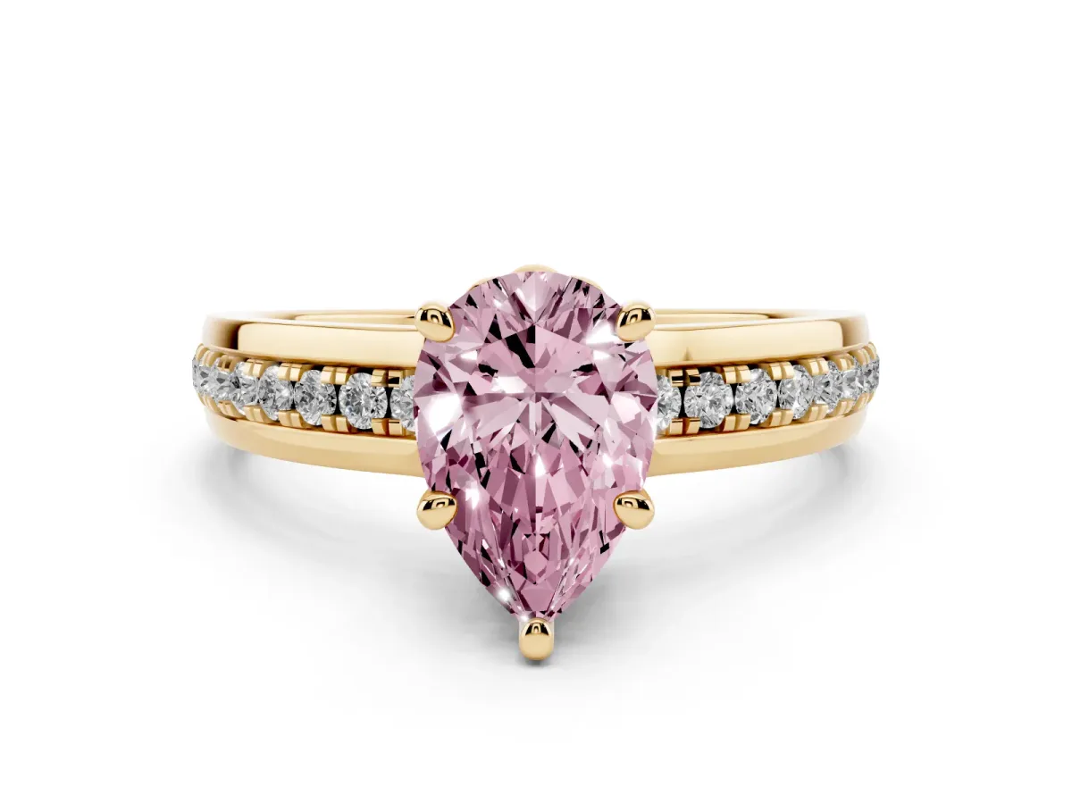 Fancy Pink Pear Cut Diamond Solitaire Ring Set in Yellow gold with Channel Set Band and Prong Setting