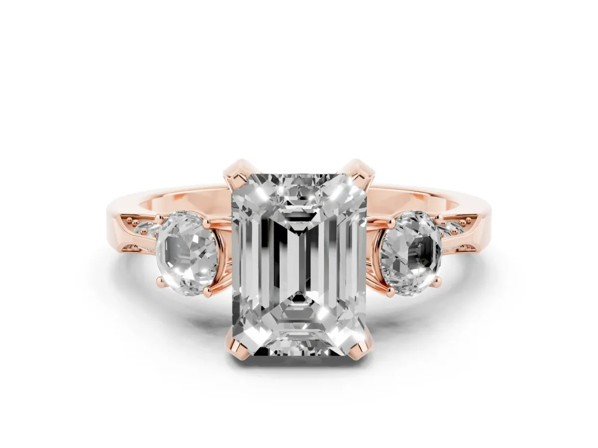 Fancy Green Emerald Cut Diamond Three-Stone Ring Set in Rose gold with Pavé Band and Smaller Side Stones