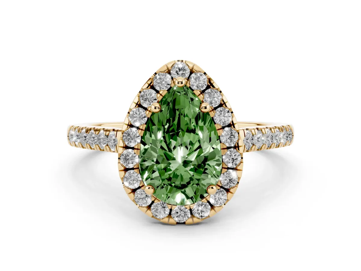 Fancy Green Pear Cut Diamond Pavé Halo Engagement Ring Set in Yellow gold with Pavé Band and Prong Setting