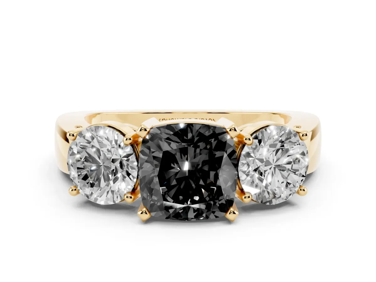 Fancy Black Cushion Cut Diamond Three-Stone Ring Set in Yellow gold with Round Side Stones and Classic Band