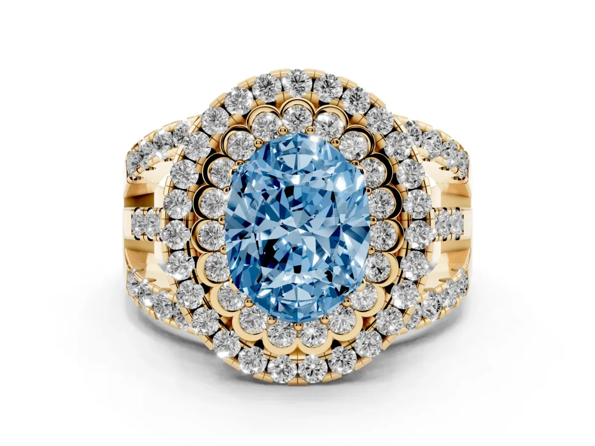 Fancy Blue Oval Cut Diamond Double Halo Ring Set in Yellow gold with Round Pavé Split Shank