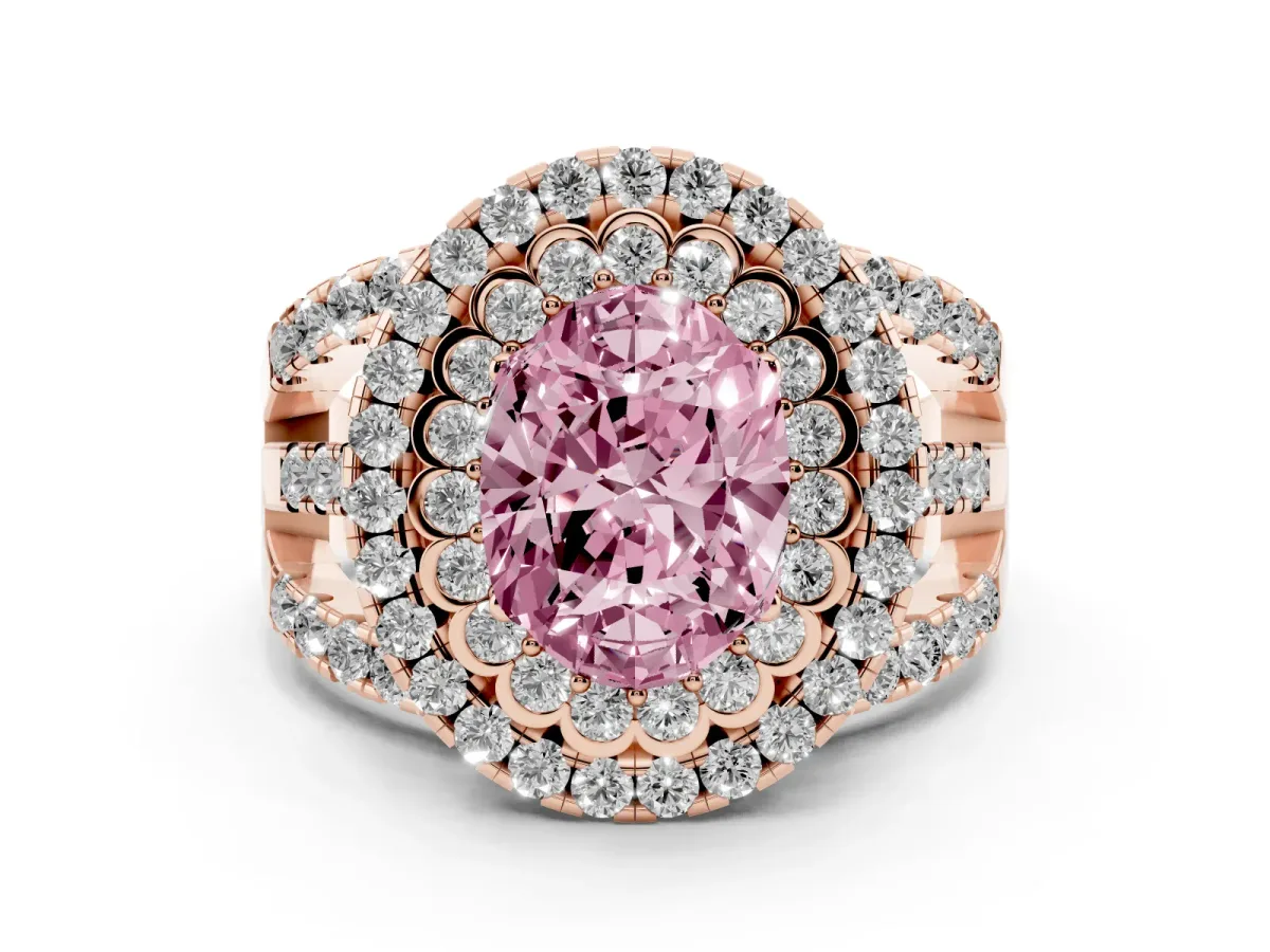 Fancy Pink Oval Cut Diamond Double Halo Ring Set in Rose gold with Round Pavé Split Shank