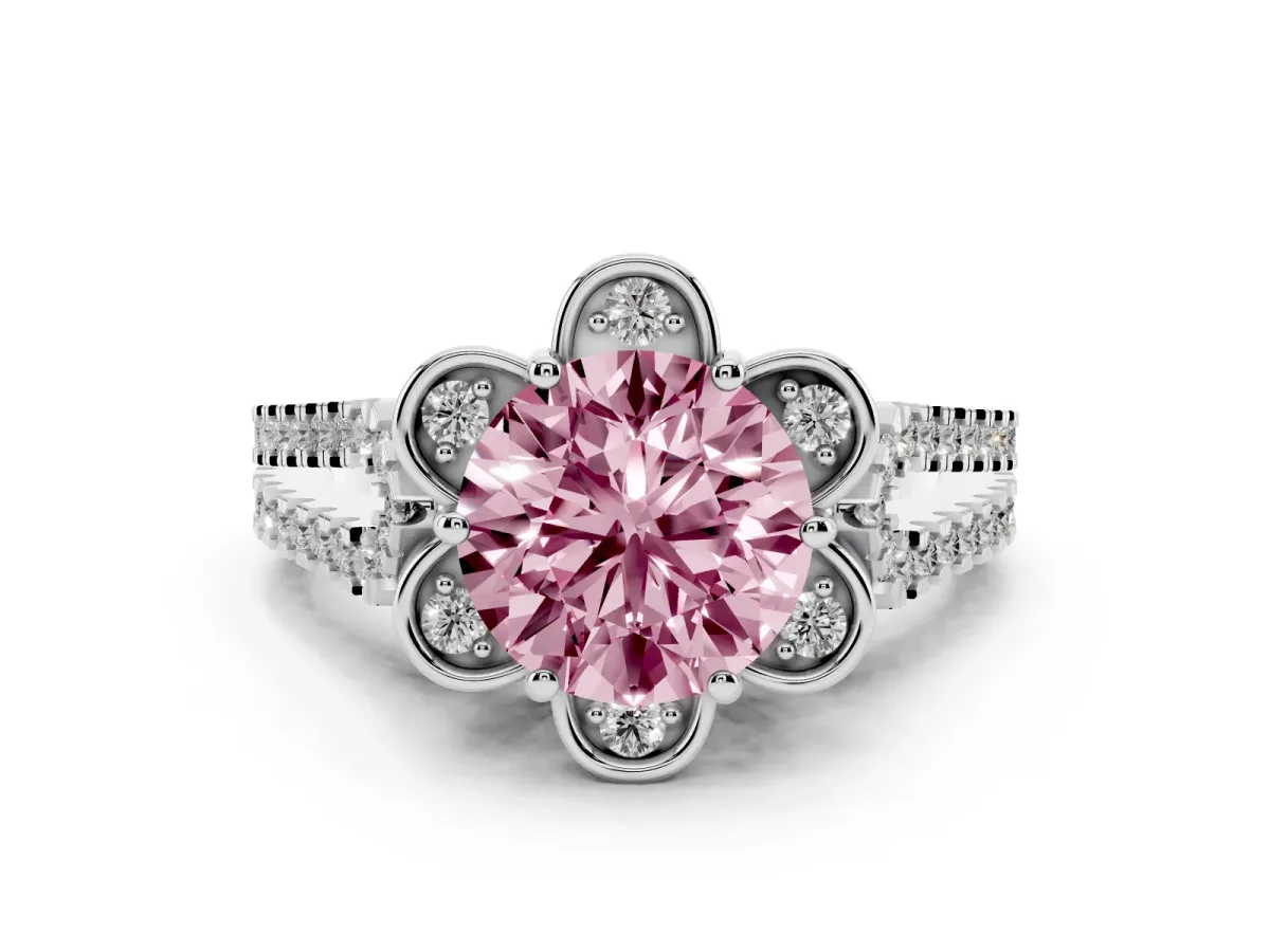 Fancy Pink Round Cut Diamond Floral Halo Split Shank Engagement Ring Set in White gold with Pavé Shank