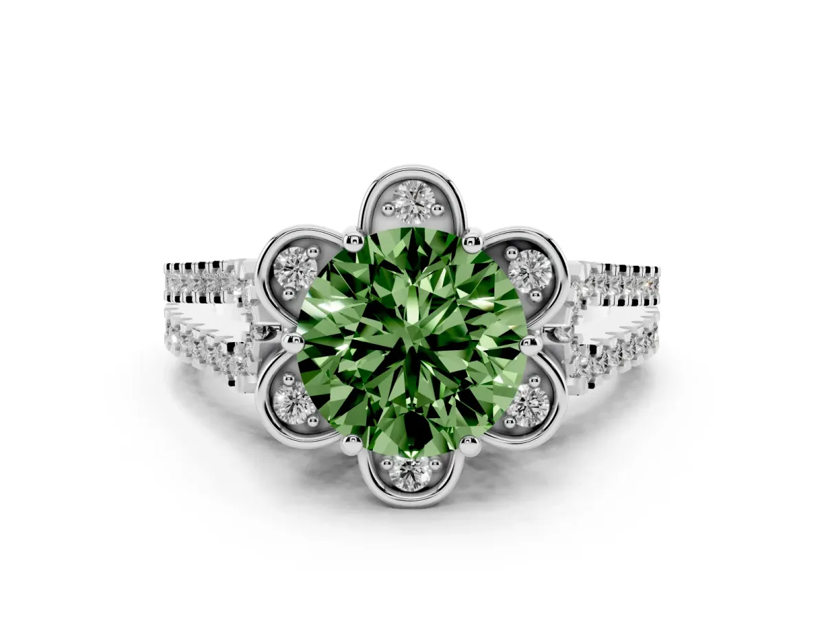Fancy Green Round Cut Diamond Floral Halo Split Shank Engagement Ring Set in White gold with Pavé Shank