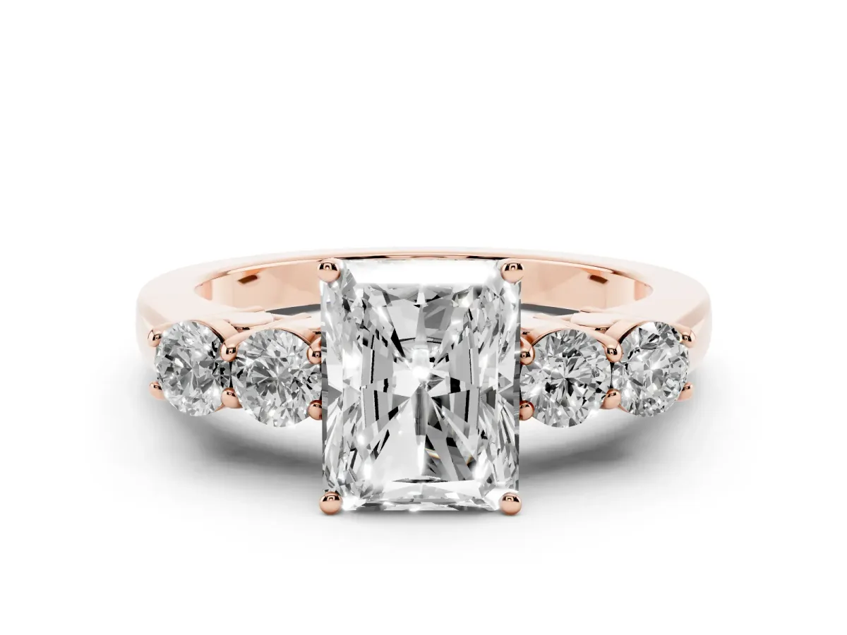 Radiant Cut Diamond Five-Stone Prong Set Band Ring Set in Rose gold with Polished Band