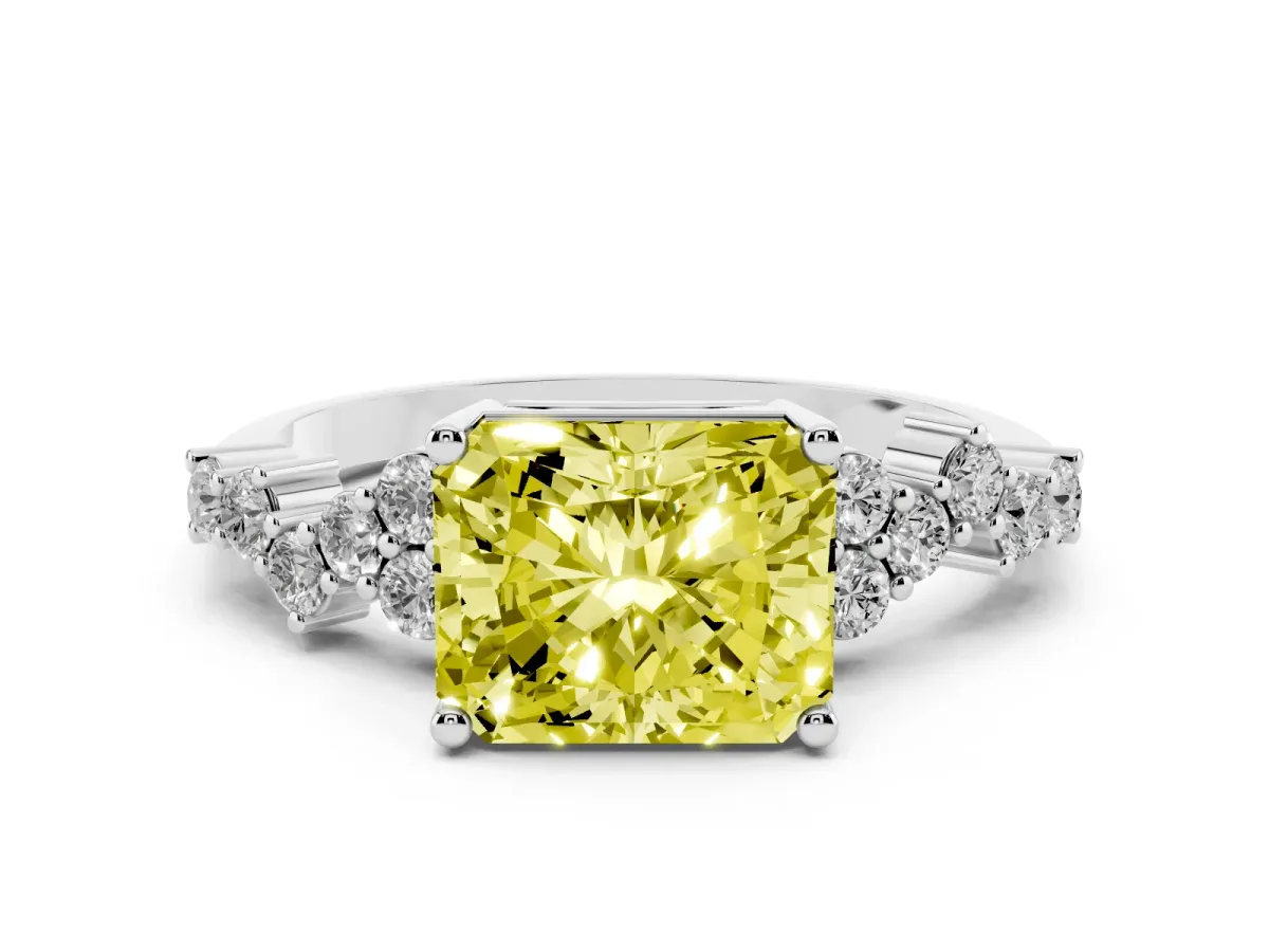 Fancy Yellow Radiant Cut Diamond Ring Set in Platinum with Scattered Round Accents