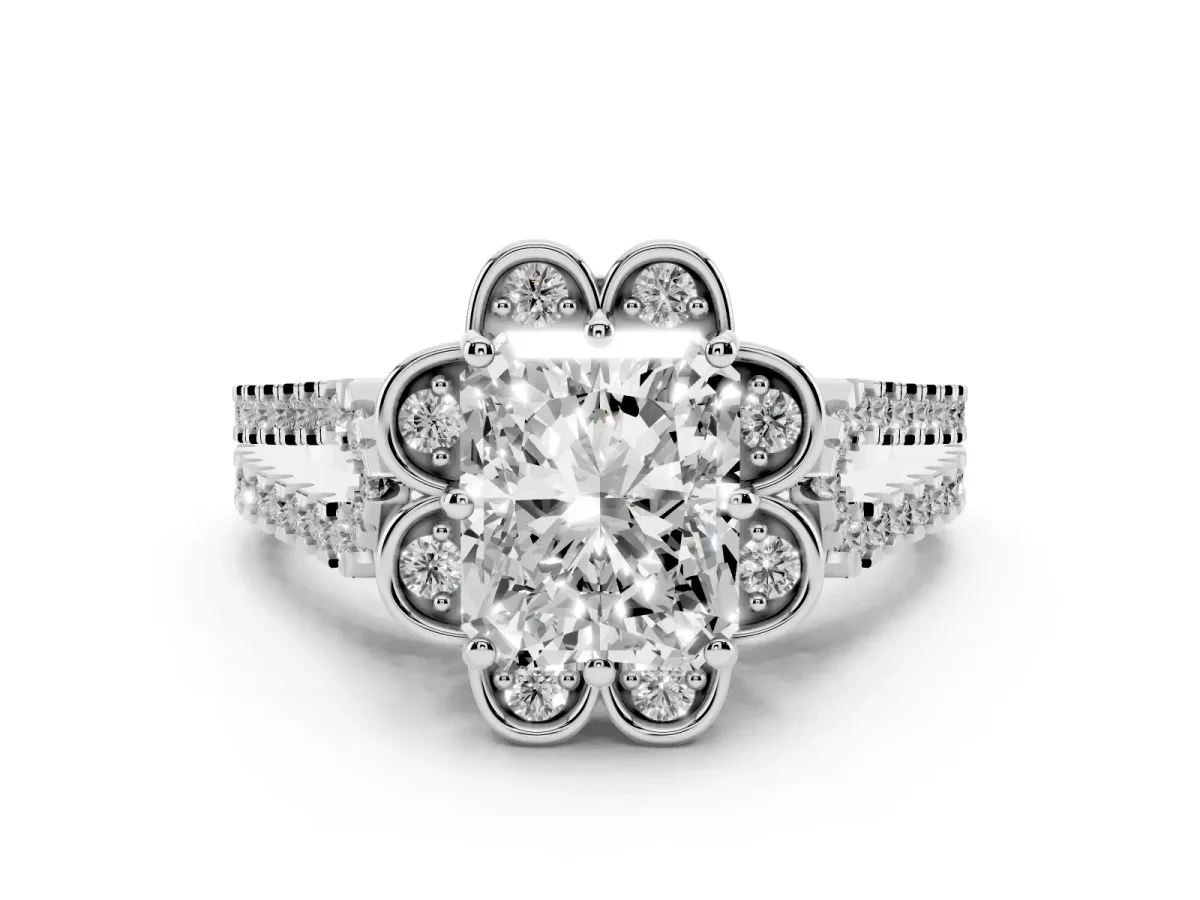 Radiant Cut Diamond Floral Halo Split Shank Engagement Ring Set in White gold with Pavé Shank