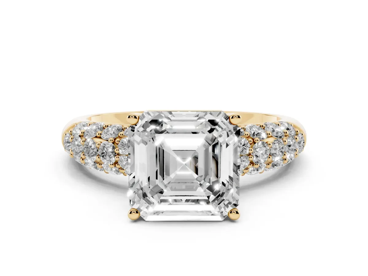 Asscher Cut Diamond Pavé Band Solitaire Ring Set in Yellow gold with Close-Set Accent Stones and Prong Setting