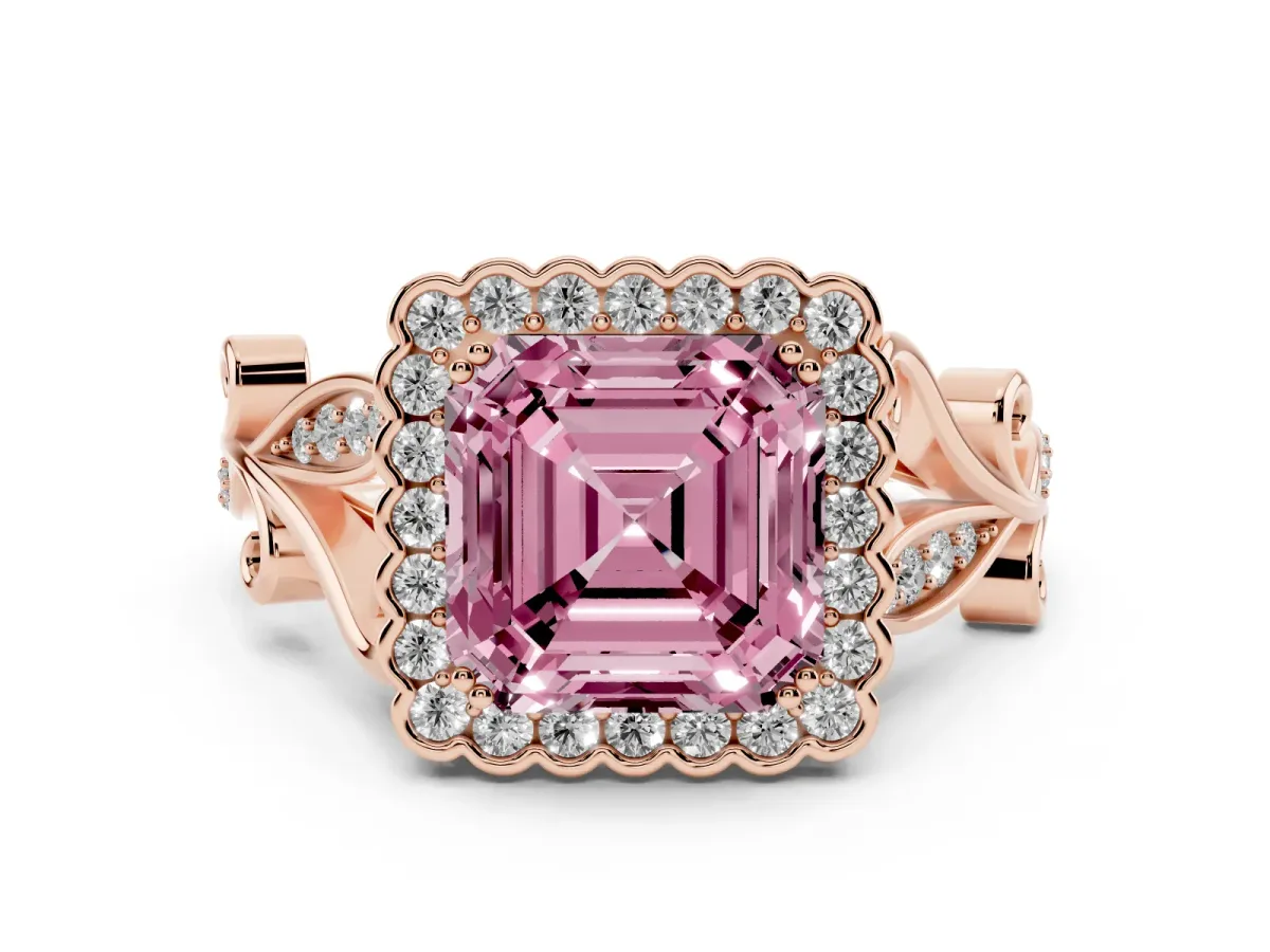 Fancy Pink Asscher Cut Diamond Halo Ring Set in Rose gold with Leaf Motif Split Shank and Prong Setting