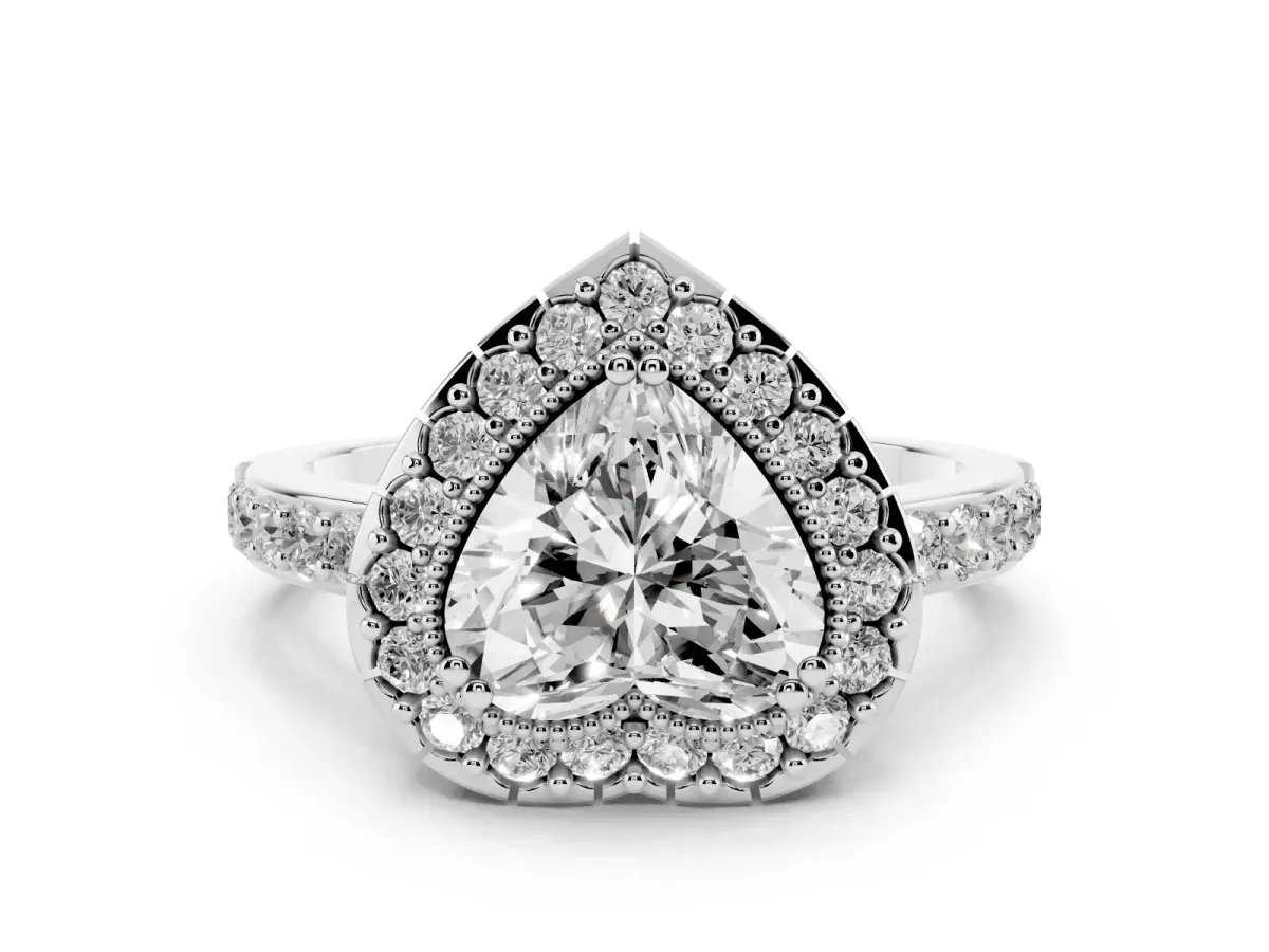 Heart Cut Diamond Halo Ring Set in White gold with Pavé Shank and Prong Setting